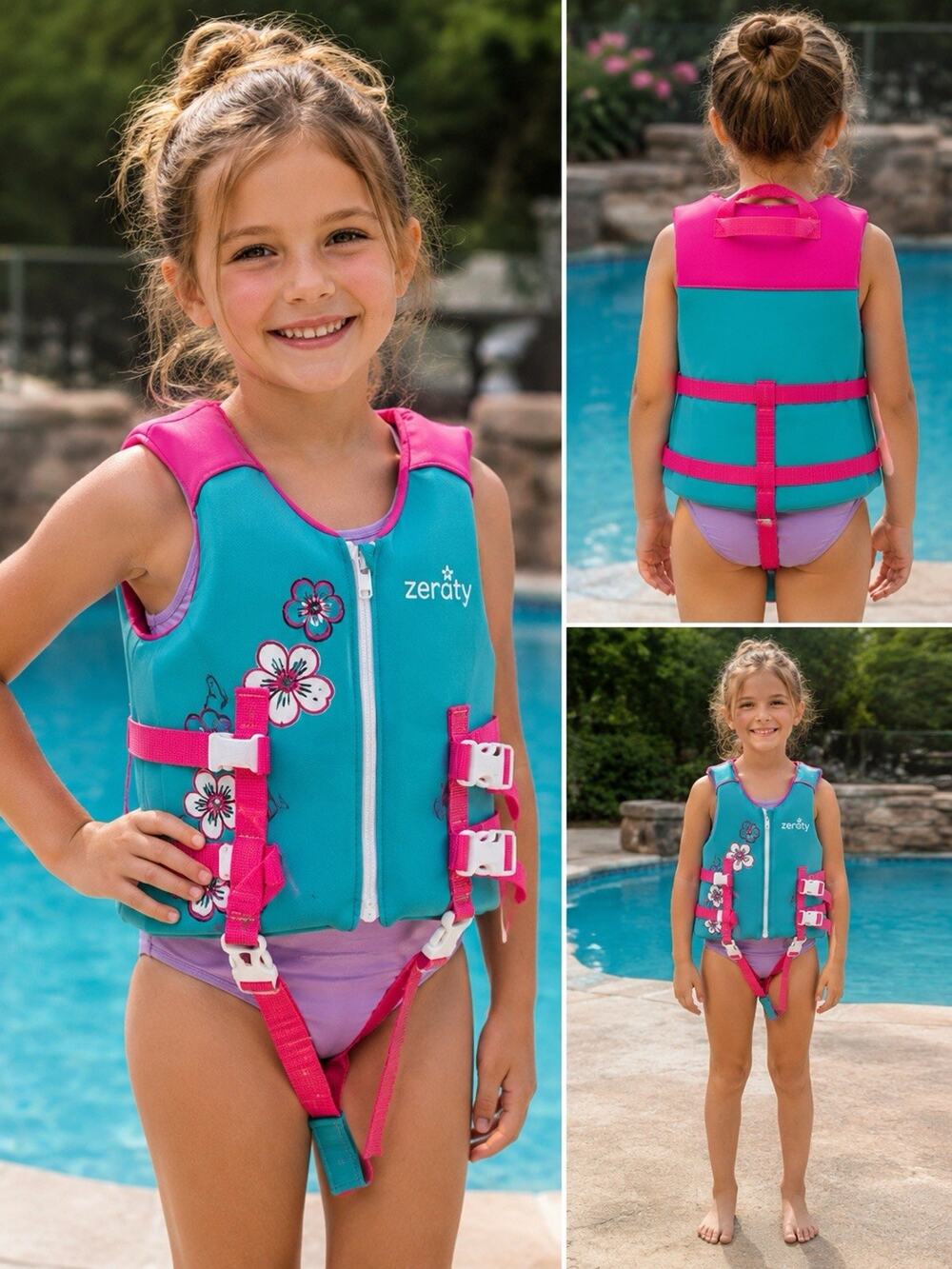 Zeraty Kids Swim Vest Life Jacket Pink Teal Floral Size L 30-35kg Buoyancy Aid